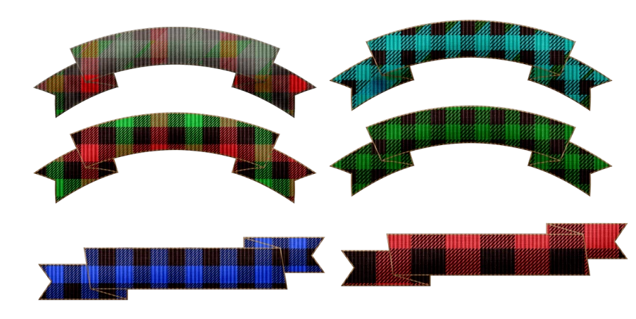 a set of four different colored ribbons on a black background, a digital rendering, lumberjack flannel, stained glass style, [ [ soft ] ], christmas