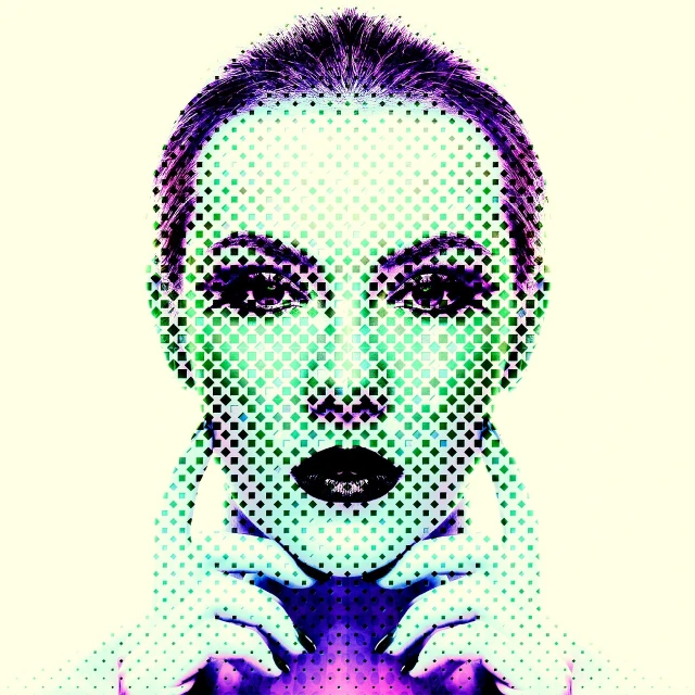 a digital painting of a woman's face, pop art, halftone, perfect symmetrical image, fashionable futuristic woman, dithered