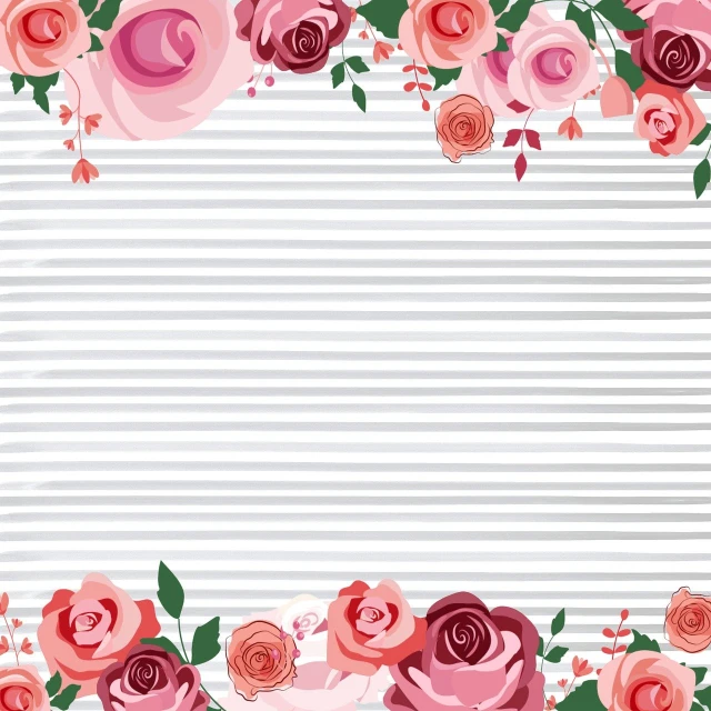 a striped background with pink and red roses, white background wall, metal border, breezy background, svg illustration