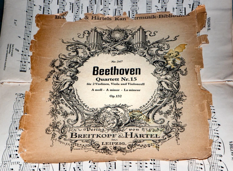 a book sitting on top of a sheet of music, a stock photo, by Hans von Bartels, baroque, beautiful labels, bee, 5, three quater notes