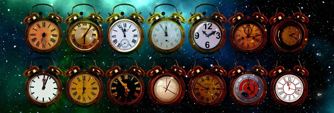 a bunch of clocks sitting next to each other, a photo, trending on pixabay, happening, night sky, advert, frozen in time, folding - time