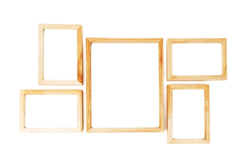 a group of wooden frames sitting next to each other, visual art, isolated on white background, five-dimensional, product photo