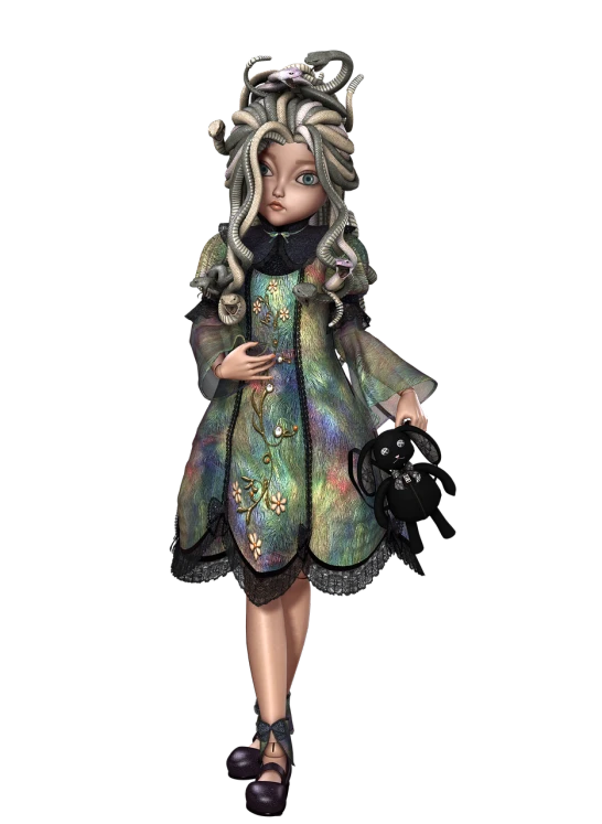 a close up of a person wearing a costume, a digital rendering, inspired by Tommaso Dolabella, pop surrealism, full body adoptable, little girl, with curly black and silver hair, tuffle coat