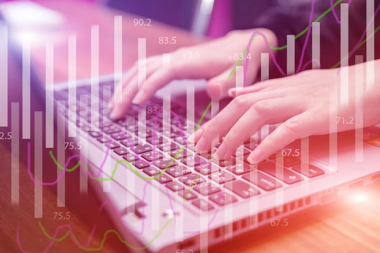 a close up of a person typing on a laptop, a digital rendering, by Julian Allen, shutterstock, analytical art, trading stocks, numerical, violet colored theme, flattering photo