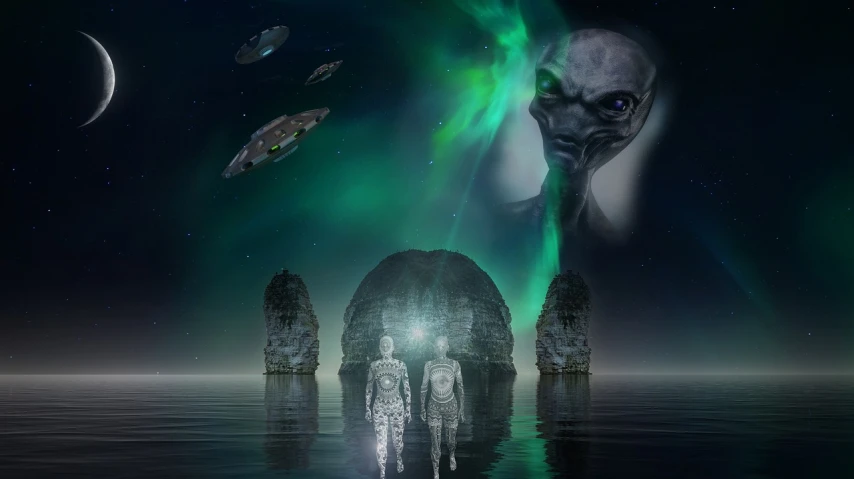 a group of aliens standing on top of a body of water, digital art, pixabay contest winner, hollow earth, aurora, ancient alien head stone statues, two aliens around