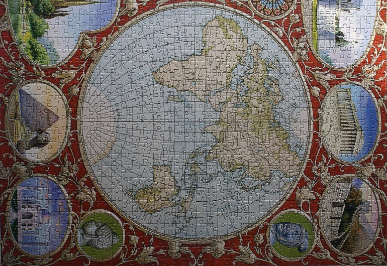 a close up of a map of the world, a jigsaw puzzle, by Wen Boren, renaissance, artwork roman mosaic, equirectangular projection, antarctica, patrick jones