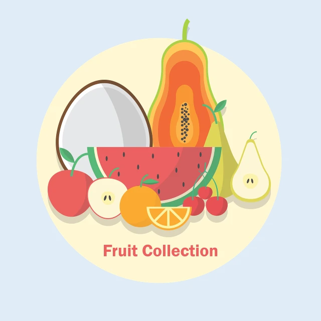 a bunch of fruit sitting on top of a table, an illustration of, by Julian Hatton, shutterstock, art deco, flat icon, museum collection, round, concept illustration