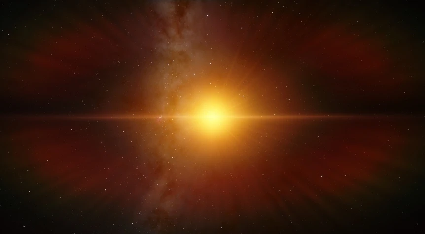 the sun shines brightly in front of a star filled sky, digital art, light and space, mid shot photo