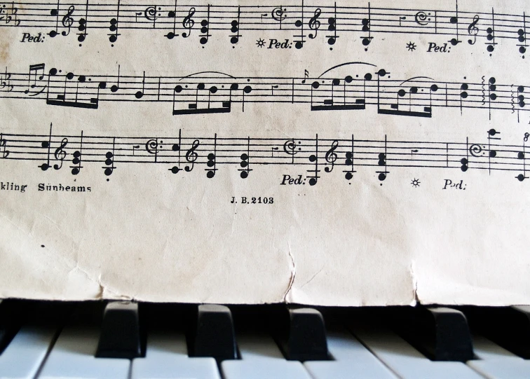 a sheet of music sitting on top of a piano keyboard, by Leon Kapliński, pexels, romanticism, on old parchment paper, wikimedia, detail, singing