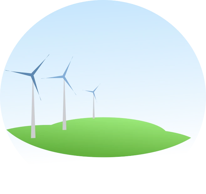 a group of wind turbines sitting on top of a green hill, an illustration of, inspired by Maruyama Ōkyo, ecological art, island in a blue sea, area 3, very simple, jewel