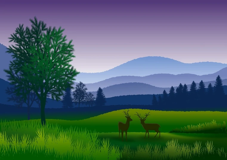 a couple of deer standing on top of a lush green field, a picture, shutterstock, art deco, grass mountain night landscape, long violet and green trees, in a gentle green dawn light, distant villagescape