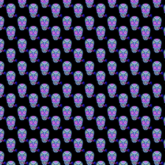 a pattern of sugar skulls on a black background, a digital rendering, tumblr, pixel art, purple and pink and blue neons, diamond texture, dmt visions, solid background