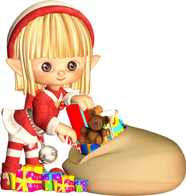 a cartoon elf putting presents in a shoe, a digital rendering, toyism, render of a cute 3d anime girl, toddler, sandy, night!