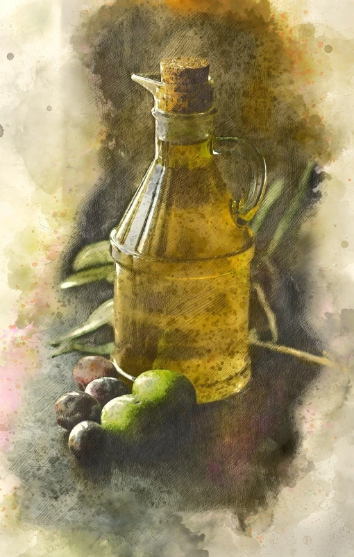 a painting of olives and a bottle of olive oil, process art, old style photo, mixed media style illustration, high detail illustration, aged photo
