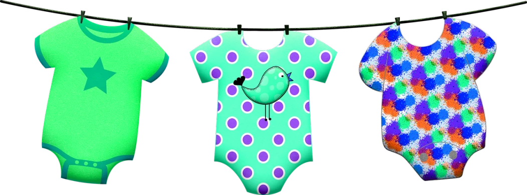 three baby ones hanging on a clothes line, digital art, by Emma Ríos, digital art, purple and blue and green colors, polkadots, bodysuit, on black background