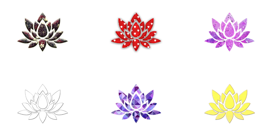 a bunch of different colored flowers on a black background, a digital rendering, sōsaku hanga, gemstones, lotus, front and back view, purple and red