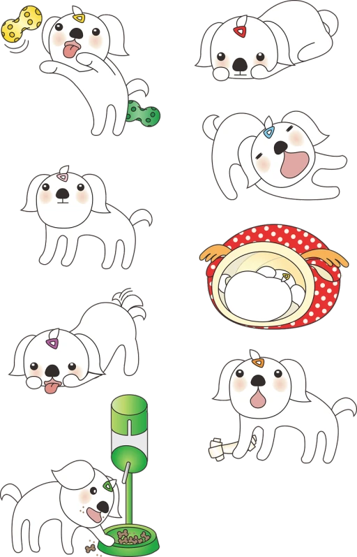 a bunch of cartoon dogs on a black background, by Nishida Shun'ei, deviantart, mingei, pictures in sequence, kewpie, white-haired, operation