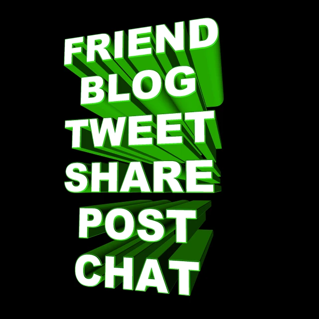a green sign that says friend blog tweet share post chat, a photo, on black background, stacked image, bottom angle, profile photo