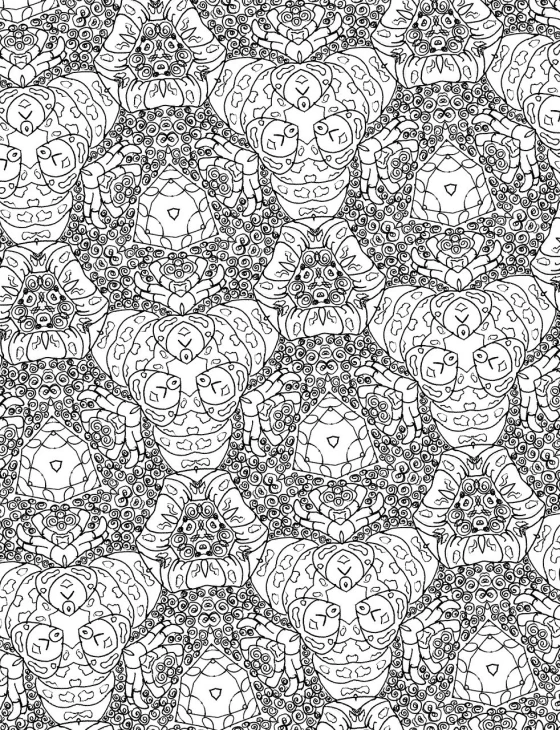 a black and white pattern with many faces, lineart, inspired by Bjørn Wiinblad, generative art, skull liminal void background, highly detailed symmetry, shamanic dmt horror art, symmetrical face happy
