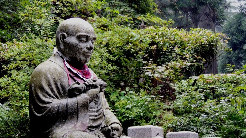 a statue of a person sitting on a bench, a statue, inspired by Sesshū Tōyō, in the hillside, japan deeper travel exploration, sichuan, amongst foliage