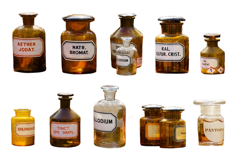 a collection of medicine bottles with labels on them, a picture, by Aleksander Kotsis, flickr, synthetism, shades of gold display naturally, fumes, sweden, detailed product photo