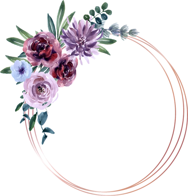 a circle of watercolor flowers on a white background, ( ( ( copper ) ) ) wire whiskers, purple foliage, flower frame, japanese flower arrangements