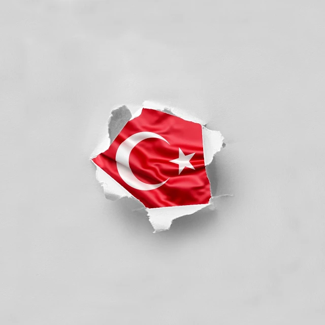 a torn piece of paper with the flag of turkey on it, hurufiyya, 3d minimalistic, on a pale background, productphoto, wall