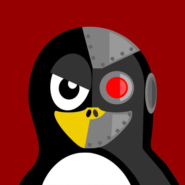 a black and white penguin with a red eye, vector art, inspired by Ivan Generalić, close-up portrait of cyborg, half android, jigsaw, processor