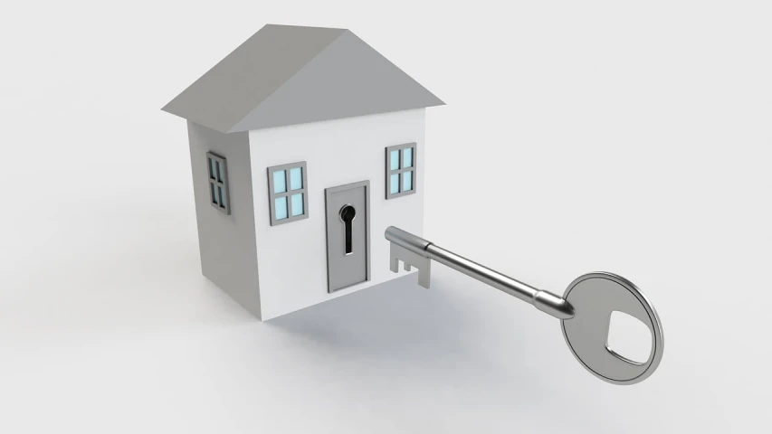 a house with a key attached to it, a digital rendering, by Mathias Kollros, pixabay, isolated on white background, key light, computer generated, metal key for the doors