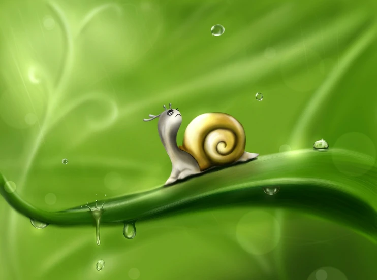 a snail sitting on top of a green leaf, a picture, by Yu Zhiding, wallpaper design, funny cartoonish, windows xp background, drops