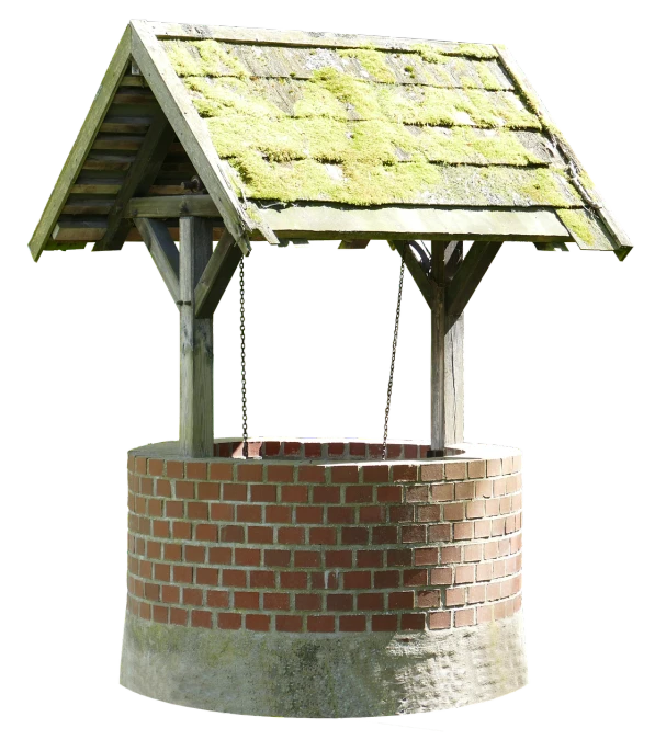 a well with moss growing on the roof, a digital rendering, inspired by William Twigg-Smith, shutterstock, simple structure, gallows, brick, very accurate photo