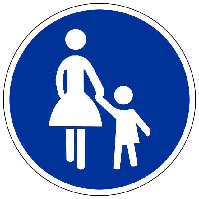 a blue sign with a picture of a woman and a child, pixabay, antipodeans, traffic, very round, catwalk, other mother