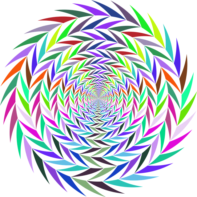 a colorful spiral design on a black background, psychedelic art, twisting leaves, triangle inside circle, chromatic aberration!!!!!, mathematical interlocking