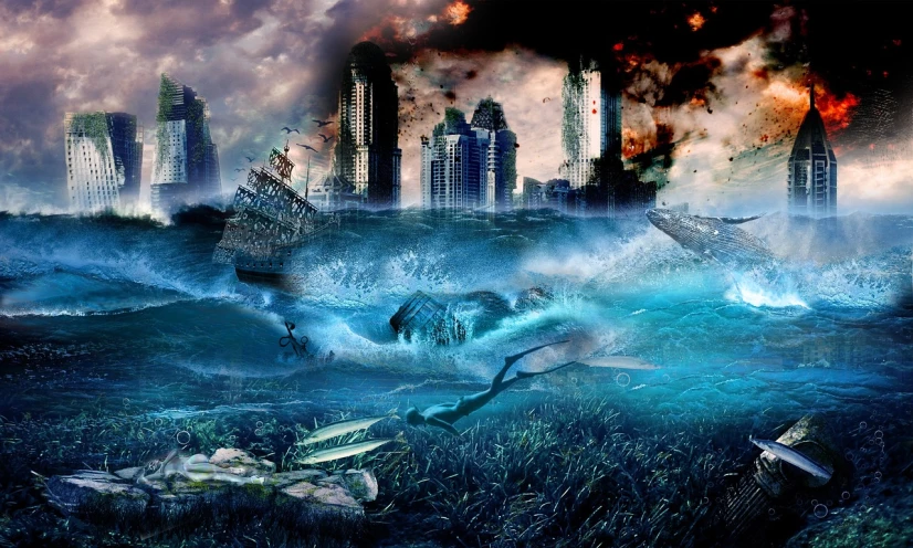 a large body of water with a city in the background, a matte painting, digital art, apocalypse hurricane storm, animorphs book cover, rescue from the underworld!!!!!!, destroyed nature