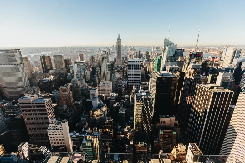 a view of a city from the top of a building, by Alexander Robertson, pexels, new york skyline, big!!!!!!!!!!!!
