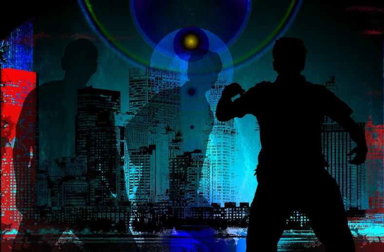 a silhouette of a man holding a baseball bat, digital art, flickr, digital art, cybernetic city background, bioluminescent orbs, they are watching, mid shot photo