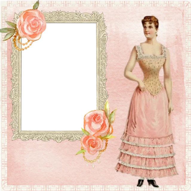 a woman in a pink dress standing next to a picture frame, inspired by Johanna Marie Fosie, template, a beautiful victorian woman, scrapbook, cgsocietywlop