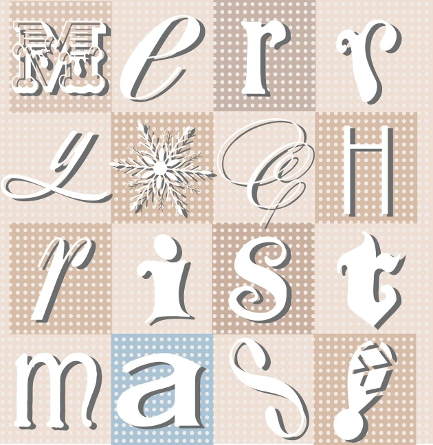 a set of different type of christmas letters, vector art, inspired by Zsolt Bodoni, checkerboard background, in pastel colors, laser cut, 19th-century