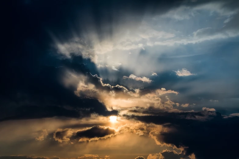 the sun is shining through the clouds in the sky, a picture, by Eugeniusz Zak, dramatic lighting shadows, godly light, extremely dramatic lighting, light refracting