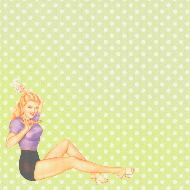 a drawing of a pinup girl on a polka dot background, sandy green, setting is bliss wallpaper, empty background, blonde