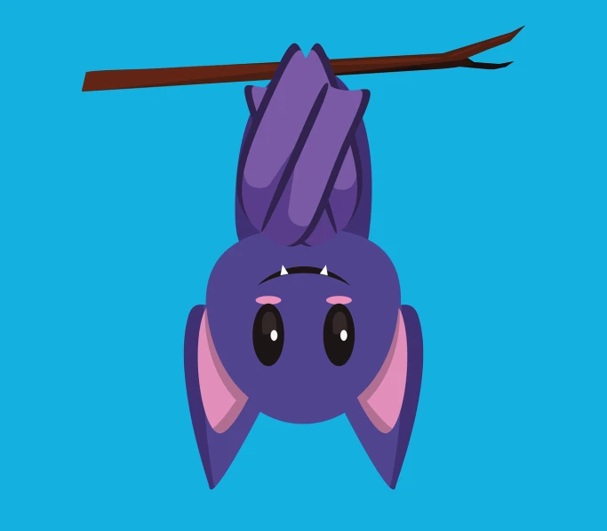 a cartoon bat hanging upside down on a branch, inspired by Don Bluth, conceptual art, blue and violet color scheme, katana zero video game character, cute little troll, anime ears