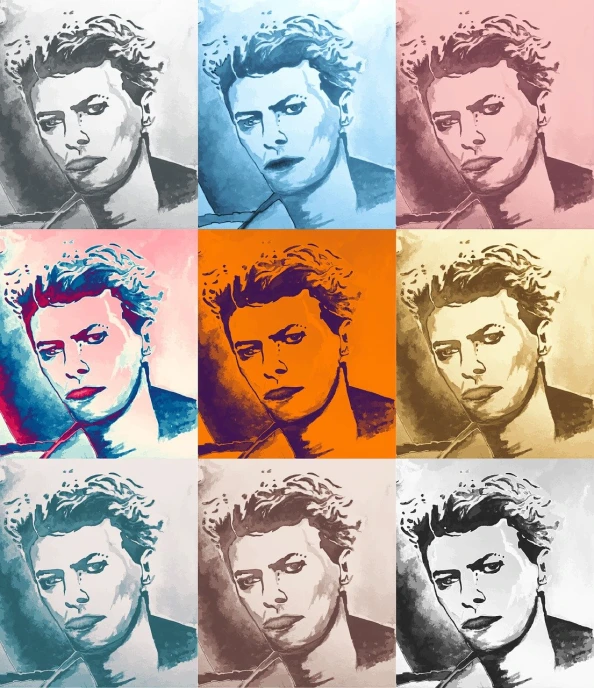 a series of pop art portraits of men, pop art, young david bowie, cool sepia tone colors, sophia loren, some orange and blue