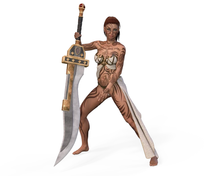 a close up of a person holding a sword, a digital rendering, inspired by Tawaraya Sōtatsu, zbrush central contest winner, renaissance, female full body, kemetic, fully body photo, posing ready for a fight