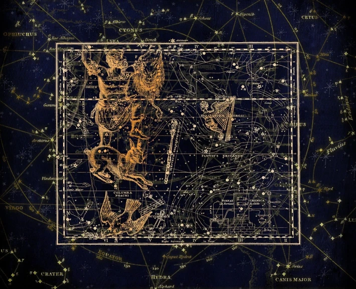 a map of the night sky with constellations, digital art, old-fashioned tarot card, discovered photo, telescope, london