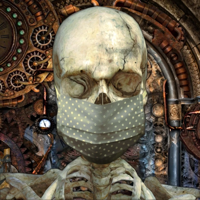 a skeleton wearing a surgical mask in front of a clock, a digital rendering, surrealism, with very highly detailed face, steampunk trim, surgical mask covering mouth, under construction