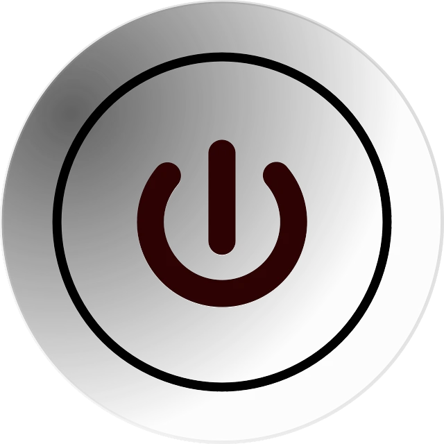 a silver button with a red power button on it, pixabay, computer art, on a flat color black background, black and white vector art, exit light, all enclosed in a circle