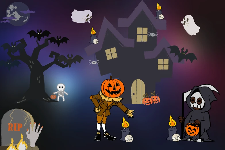 a group of cartoon characters standing in front of a house, by Ingrida Kadaka, pixabay, digital art, halloween night, very dark background, iphone screenshot, deck