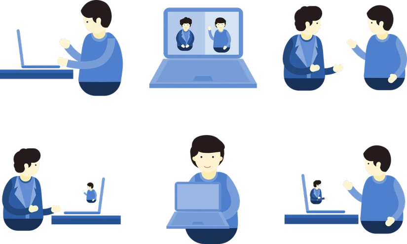 a man sitting in front of a laptop computer, a computer rendering, pixabay, computer art, icon pattern, webcam screenshot, multiple perspectives, blue-black