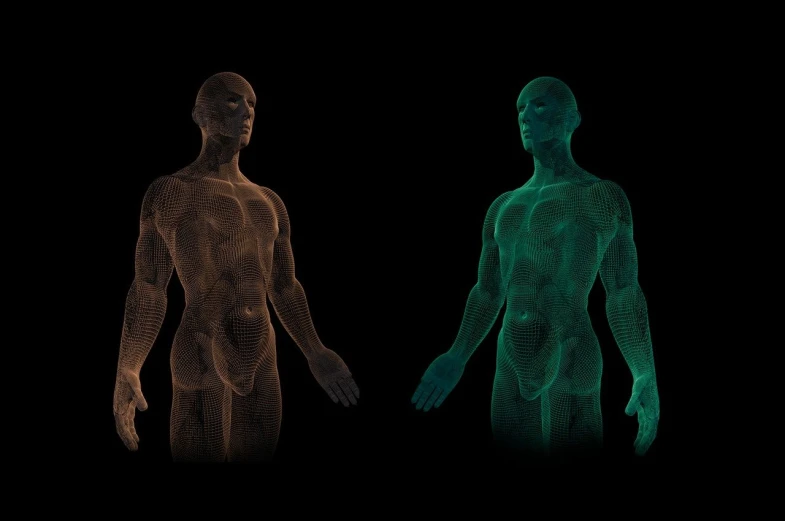 a couple of men standing next to each other, digital art, trending on zbrush central, digital art, fractal veins. cyborg, the vitruvian man style, green bioluminescent chrometype, front and side view