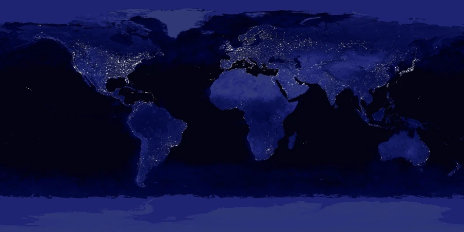 a map of the world lit up at night, digital art, by Dan Scott, digital art, wikimedia commons, avatar image, background image, indigo